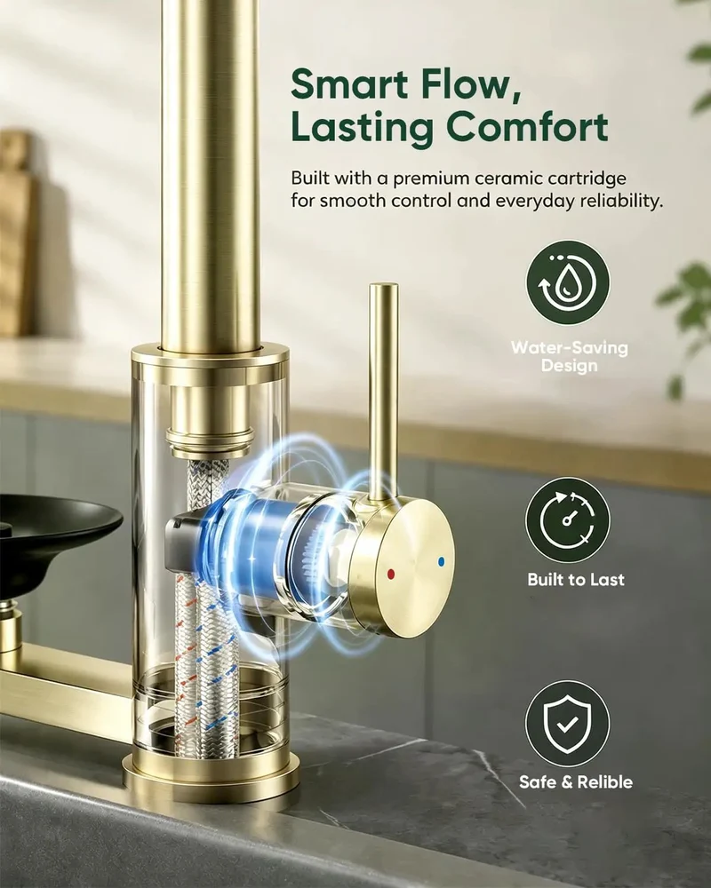 Epic Pull Down Kitchen Faucet With Built In Cup Washer And Glass Rinser Finished In Brushed Gold To Amp Up Your Sink Game With A Compact 2-in-1 Setup That Slays On Style And Saves Room