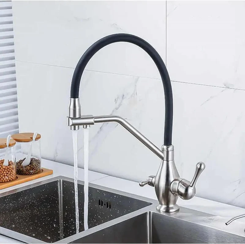 Slick Three Way Kitchen Mixer Faucet With Retractable Spray Head And Flexible Silicone Hose Built Tough As Nails For Daily Use One Half Inch Connector Makes Setup A Darn Breeze Finished In Polished Brushed Nickel To Give Your Sink A Knockout Look