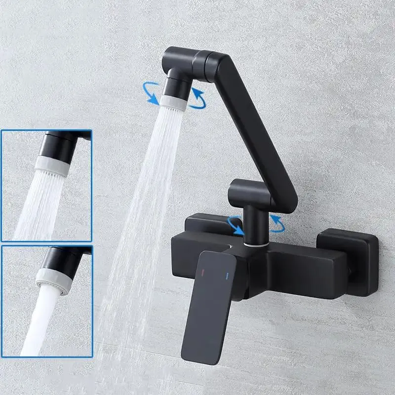 Heavy Duty Wall Mounted Kitchen Faucet Built Like A Badass Workhorse With Flex Foldable Dual Spray Head And Seamless 360 Degree Swivel Sink Tap In Slick Matte Black