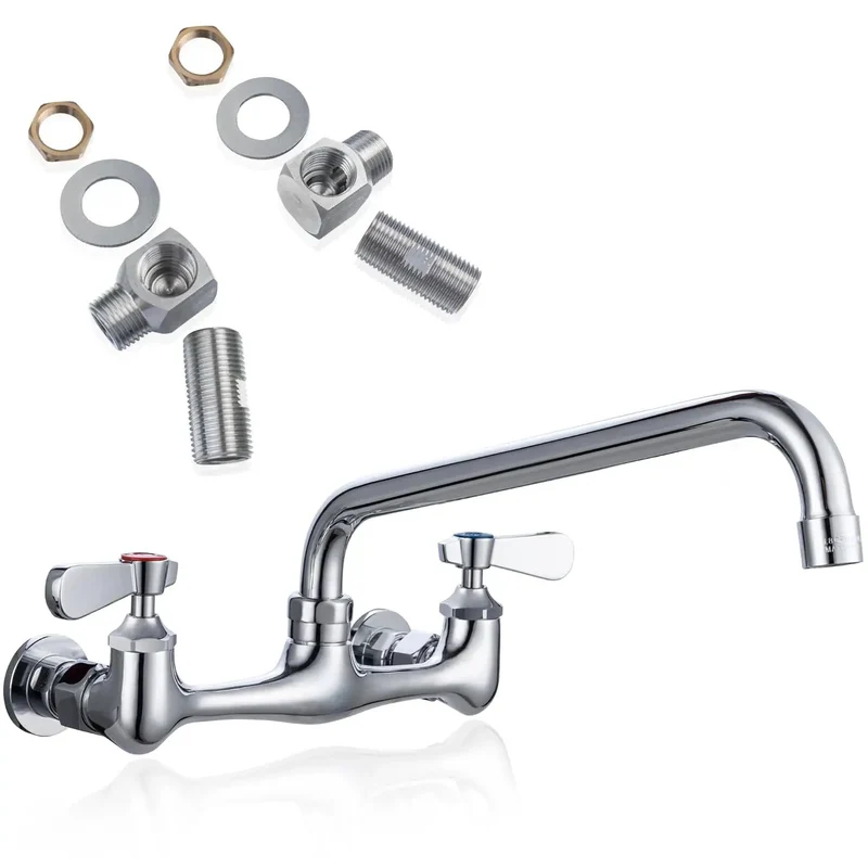 Heavy Duty Wall Mount Commercial Kitchen Sink Faucet Solid Brass Construction Mirror Chrome Finish 10 Inch Spout Rust Resistant Anti Corrosion Design Provides Rock Solid Performance For Chefs And Busy Kitchens Seeking Durable Professional Grade Plumbing
