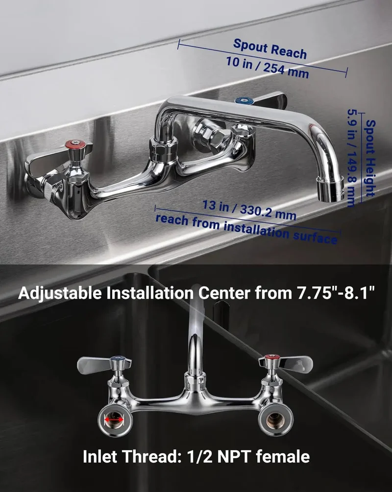 Heavy Duty Wall Mount Commercial Kitchen Sink Faucet Solid Brass Construction Mirror Chrome Finish 10 Inch Spout Rust Resistant Anti Corrosion Design Provides Rock Solid Performance For Chefs And Busy Kitchens Seeking Durable Professional Grade Plumbing