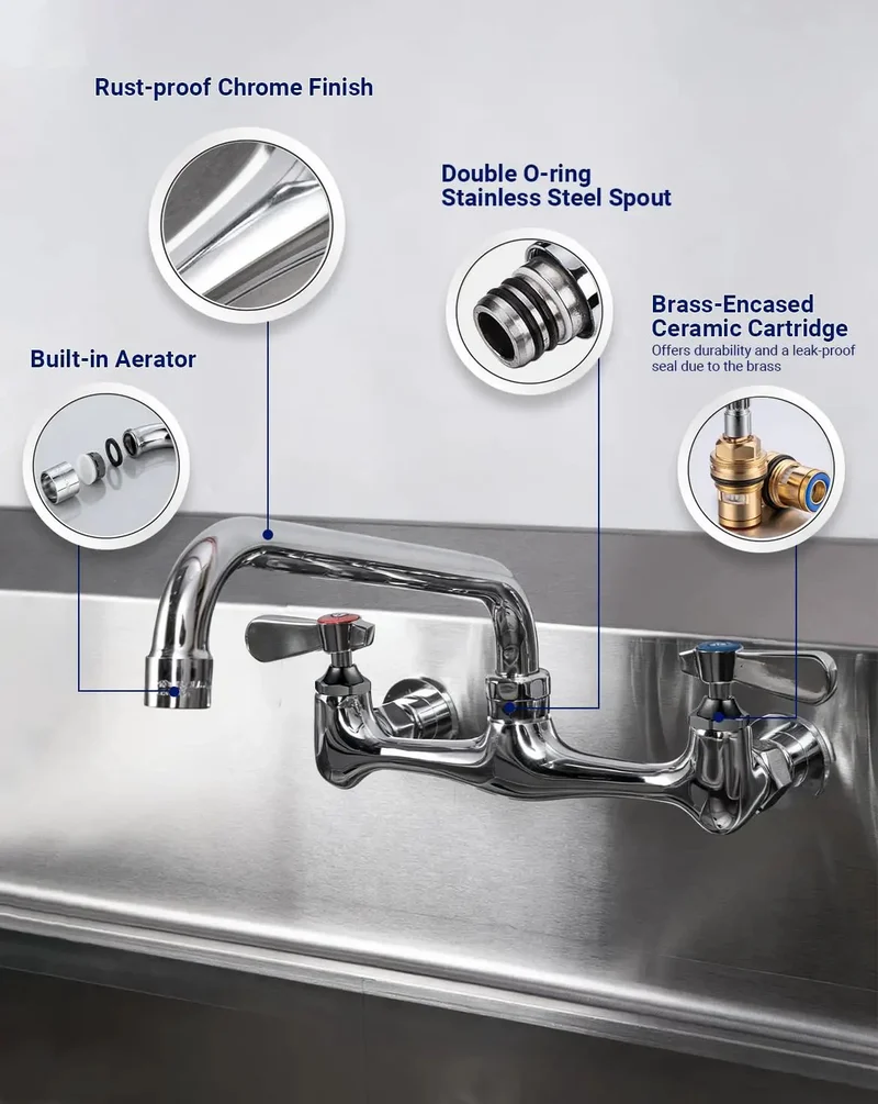 Heavy Duty Wall Mount Commercial Kitchen Sink Faucet Solid Brass Construction Mirror Chrome Finish 10 Inch Spout Rust Resistant Anti Corrosion Design Provides Rock Solid Performance For Chefs And Busy Kitchens Seeking Durable Professional Grade Plumbing