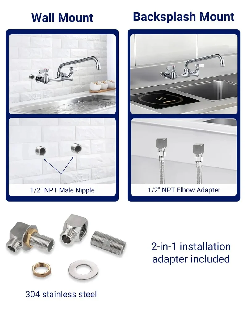 Heavy Duty Wall Mount Commercial Kitchen Sink Faucet Solid Brass Construction Mirror Chrome Finish 10 Inch Spout Rust Resistant Anti Corrosion Design Provides Rock Solid Performance For Chefs And Busy Kitchens Seeking Durable Professional Grade Plumbing