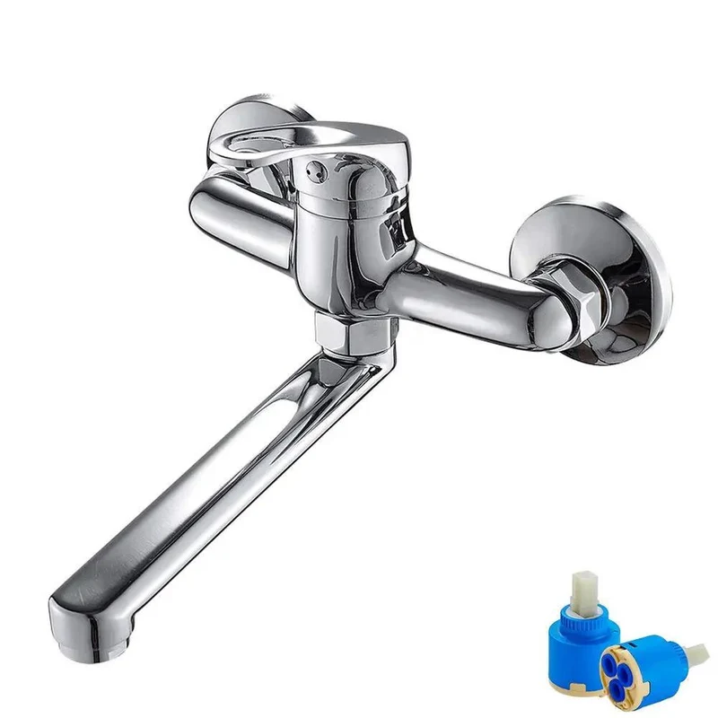Solid Brass Wall Mount Kitchen Faucet Single Handle Mixer Tap For Sink Or Tub Hot Cold Water Modern Space Saving No Fuss Install Swivel Spout Leak Free Slick Chrome Finish