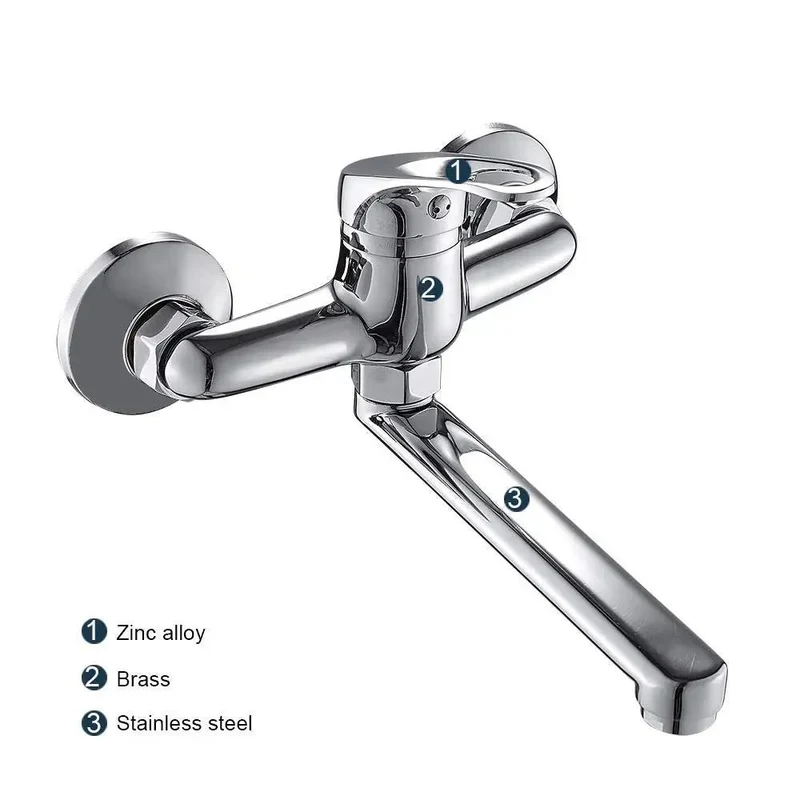 Solid Brass Wall Mount Kitchen Faucet Single Handle Mixer Tap For Sink Or Tub Hot Cold Water Modern Space Saving No Fuss Install Swivel Spout Leak Free Slick Chrome Finish