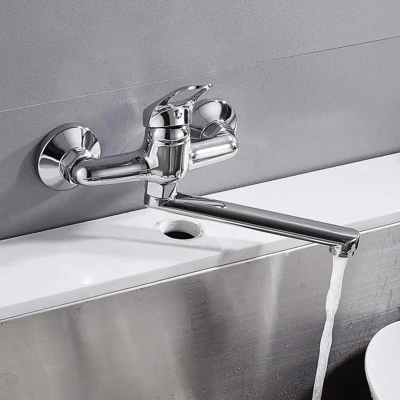Solid Brass Wall Mount Kitchen Faucet Single Handle Mixer Tap For Sink Or Tub Hot Cold Water Modern Space Saving No Fuss Install Swivel Spout Leak Free Slick Chrome Finish