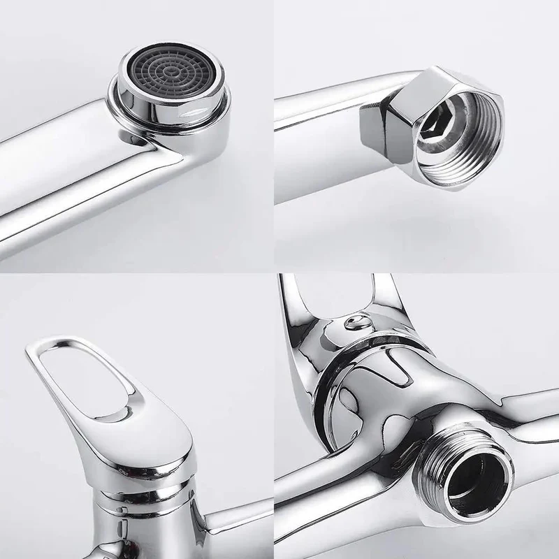 Solid Brass Wall Mount Kitchen Faucet Single Handle Mixer Tap For Sink Or Tub Hot Cold Water Modern Space Saving No Fuss Install Swivel Spout Leak Free Slick Chrome Finish