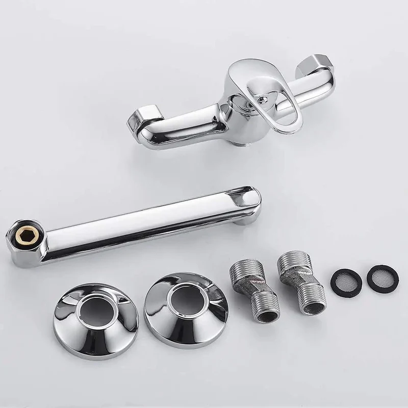 Solid Brass Wall Mount Kitchen Faucet Single Handle Mixer Tap For Sink Or Tub Hot Cold Water Modern Space Saving No Fuss Install Swivel Spout Leak Free Slick Chrome Finish