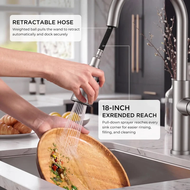 Top Tier High Arch Kitchen Sink Faucet Featuring A Smooth Pull Down Spray Head Finished In Scratch Resistant Brushed Nickel For Big Time Workspace Freedom And Rock Solid Everyday Performance