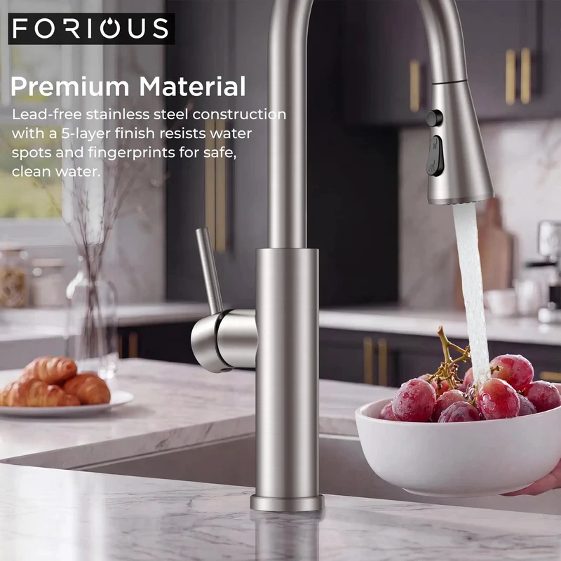 Top Tier High Arch Kitchen Sink Faucet Featuring A Smooth Pull Down Spray Head Finished In Scratch Resistant Brushed Nickel For Big Time Workspace Freedom And Rock Solid Everyday Performance