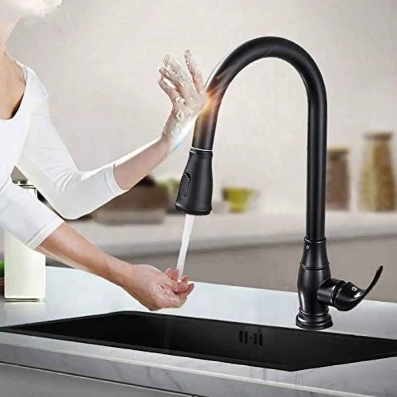 Heavy Duty Matte Black Touchless Kitchen Faucet Single Handle Smart Sensor Mixer Tap Hands Free Touch Control Anti Rust Corrosion Proof Modern Sink Tap