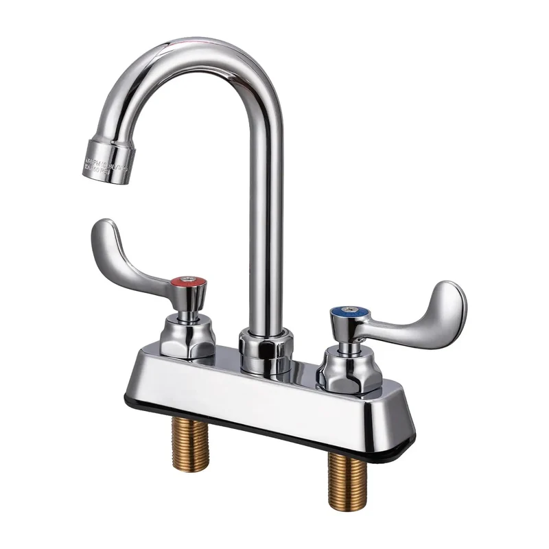 Heavy Duty Solid Brass Kitchen Sink Faucet Four Inch Deck Mount Two Hole Standard Center Setup Three Half Inch Gooseneck Spout Runs Slick With Premium Cartridge Design For Stress Free Daily Kitchen Use