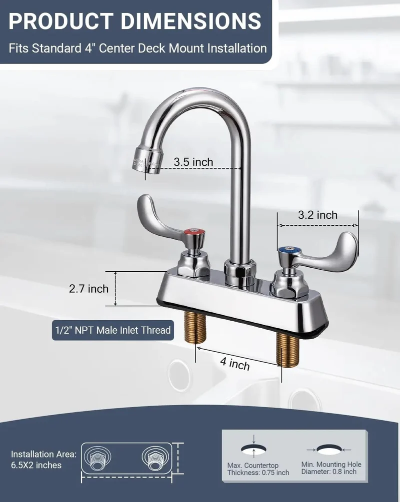 Heavy Duty Solid Brass Kitchen Sink Faucet Four Inch Deck Mount Two Hole Standard Center Setup Three Half Inch Gooseneck Spout Runs Slick With Premium Cartridge Design For Stress Free Daily Kitchen Use