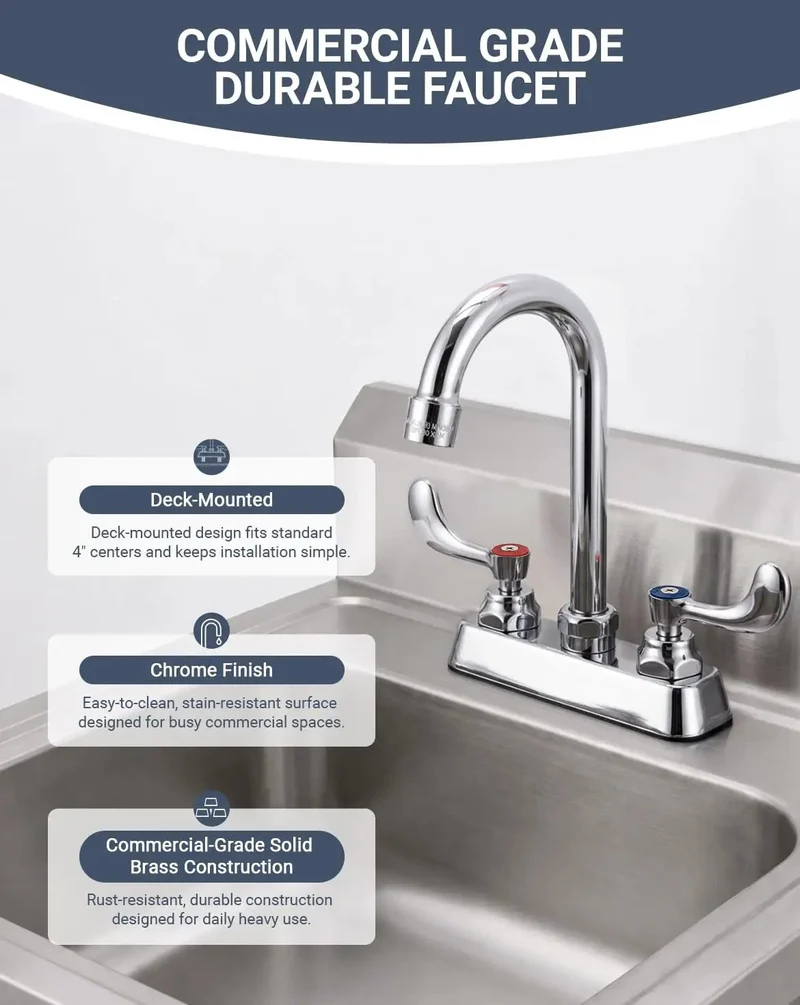 Heavy Duty Solid Brass Kitchen Sink Faucet Four Inch Deck Mount Two Hole Standard Center Setup Three Half Inch Gooseneck Spout Runs Slick With Premium Cartridge Design For Stress Free Daily Kitchen Use