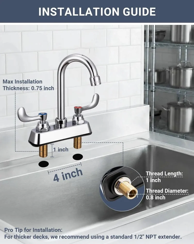 Heavy Duty Solid Brass Kitchen Sink Faucet Four Inch Deck Mount Two Hole Standard Center Setup Three Half Inch Gooseneck Spout Runs Slick With Premium Cartridge Design For Stress Free Daily Kitchen Use