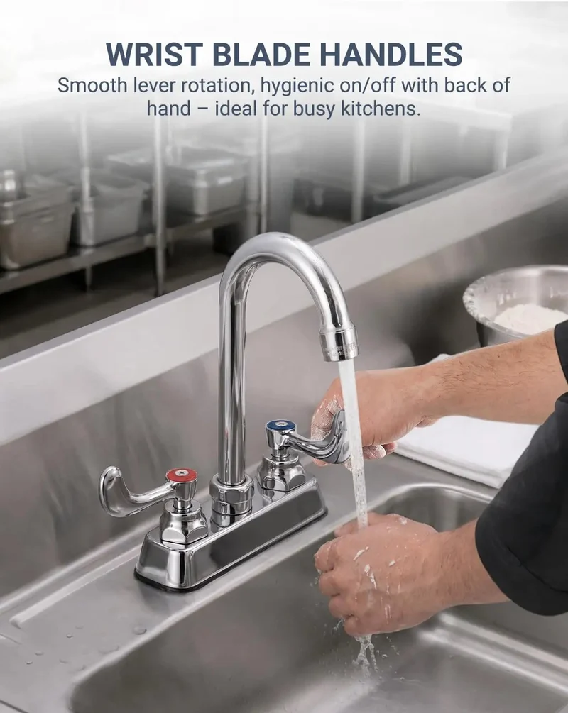 Heavy Duty Solid Brass Kitchen Sink Faucet Four Inch Deck Mount Two Hole Standard Center Setup Three Half Inch Gooseneck Spout Runs Slick With Premium Cartridge Design For Stress Free Daily Kitchen Use