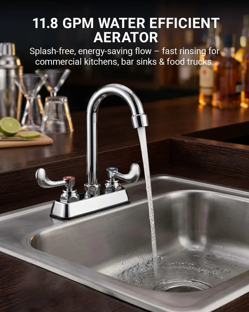 Heavy Duty Solid Brass Kitchen Sink Faucet Four Inch Deck Mount Two Hole Standard Center Setup Three Half Inch Gooseneck Spout Runs Slick With Premium Cartridge Design For Stress Free Daily Kitchen Use