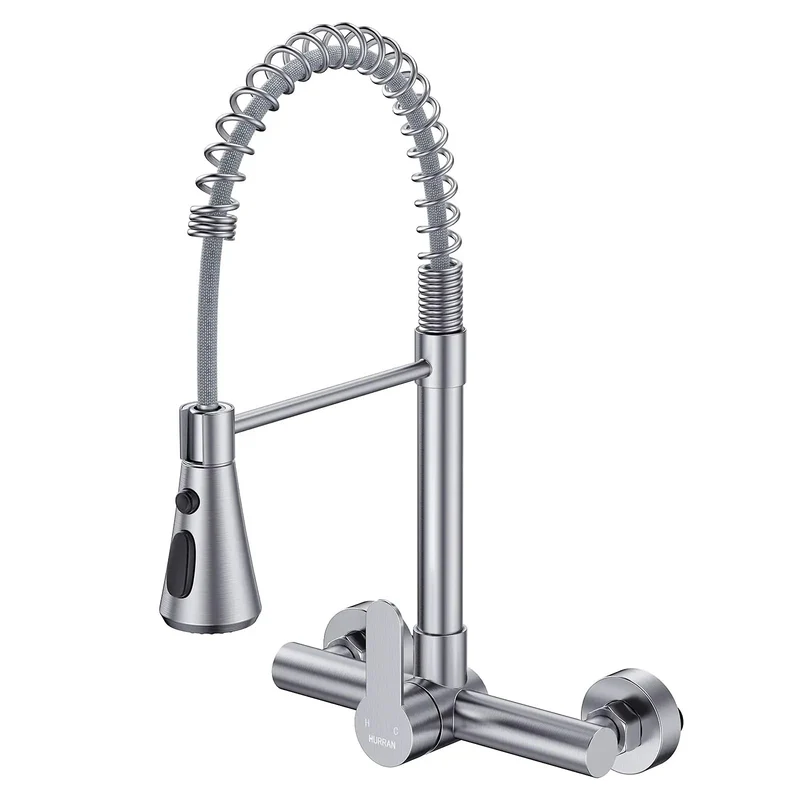High End Wall Mounted Kitchen Faucet Featuring Three Flexible Spray Settings Stream Sprayer And Sweep For Heavy Duty Commercial Utility Sink Installations That Deliver Foolproof Usage And Tough As Nails Reliability For Real World Job Sites