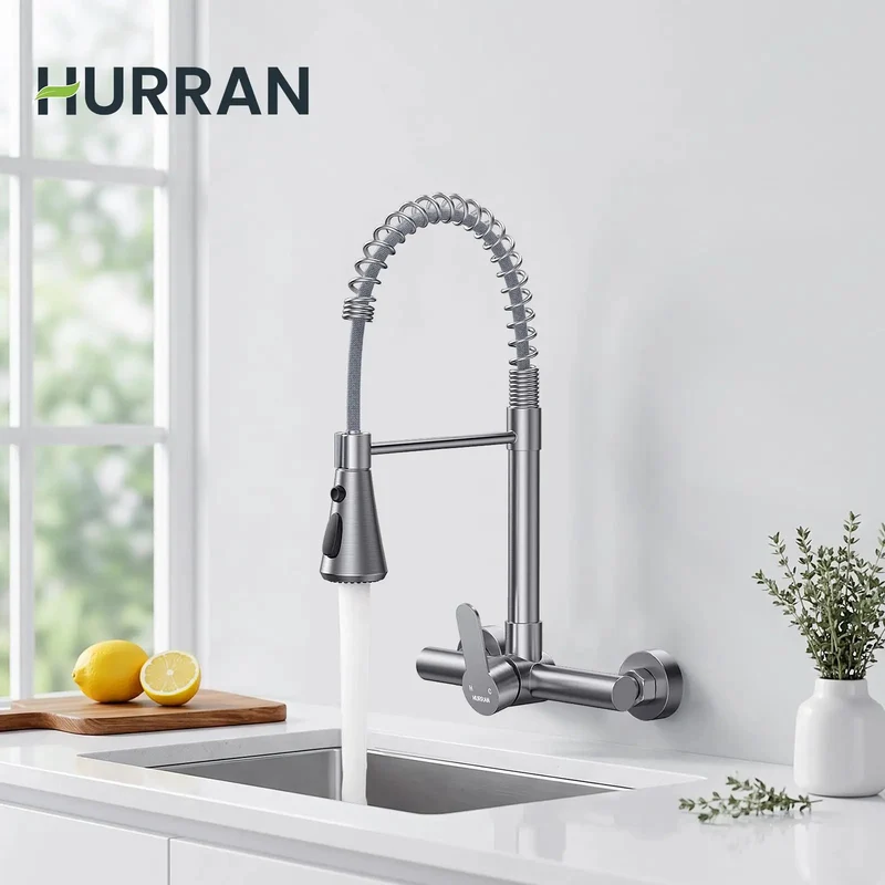 High End Wall Mounted Kitchen Faucet Featuring Three Flexible Spray Settings Stream Sprayer And Sweep For Heavy Duty Commercial Utility Sink Installations That Deliver Foolproof Usage And Tough As Nails Reliability For Real World Job Sites