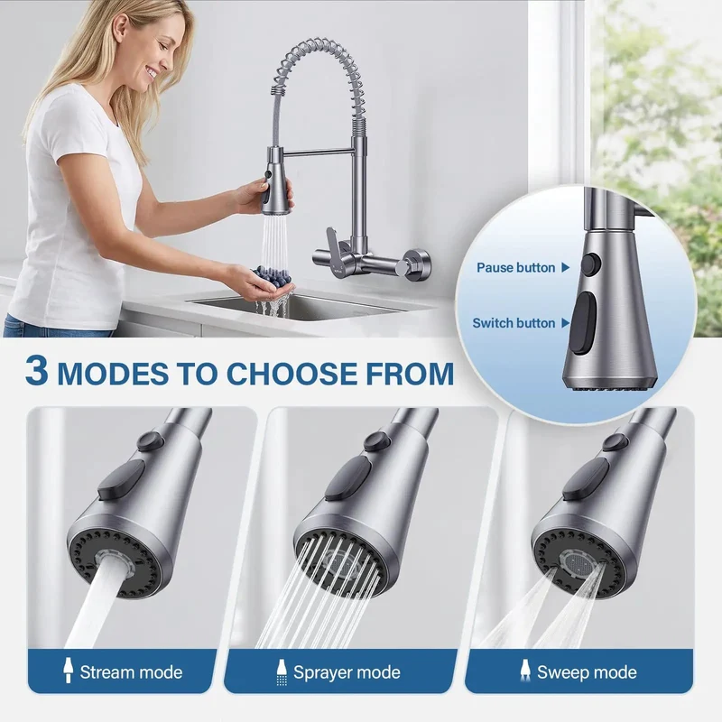 High End Wall Mounted Kitchen Faucet Featuring Three Flexible Spray Settings Stream Sprayer And Sweep For Heavy Duty Commercial Utility Sink Installations That Deliver Foolproof Usage And Tough As Nails Reliability For Real World Job Sites