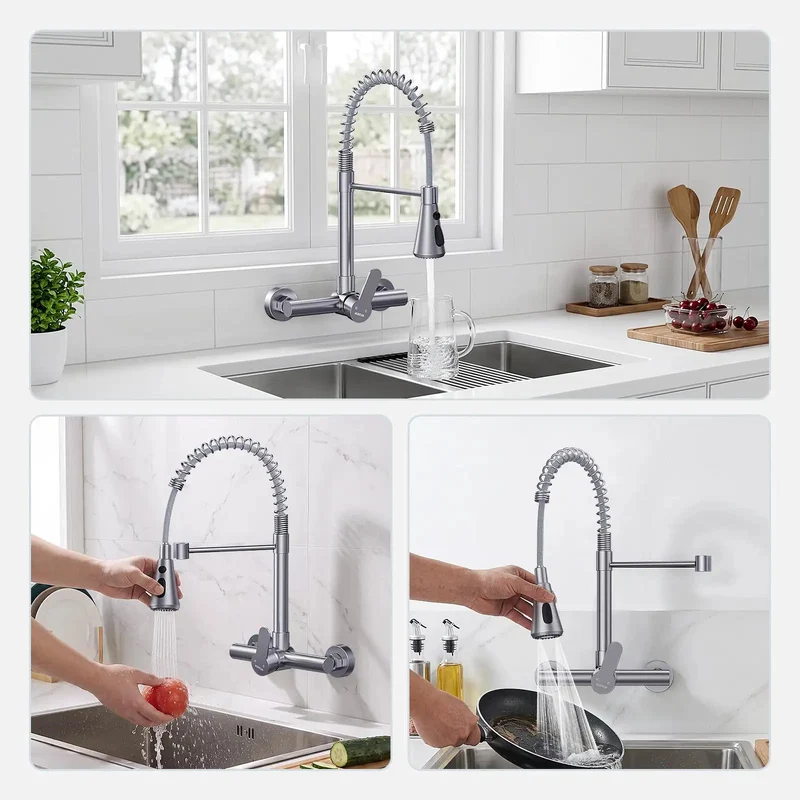 High End Wall Mounted Kitchen Faucet Featuring Three Flexible Spray Settings Stream Sprayer And Sweep For Heavy Duty Commercial Utility Sink Installations That Deliver Foolproof Usage And Tough As Nails Reliability For Real World Job Sites