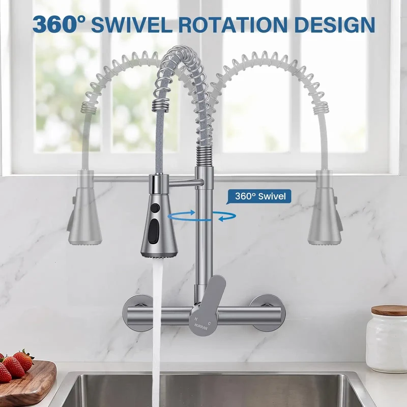High End Wall Mounted Kitchen Faucet Featuring Three Flexible Spray Settings Stream Sprayer And Sweep For Heavy Duty Commercial Utility Sink Installations That Deliver Foolproof Usage And Tough As Nails Reliability For Real World Job Sites