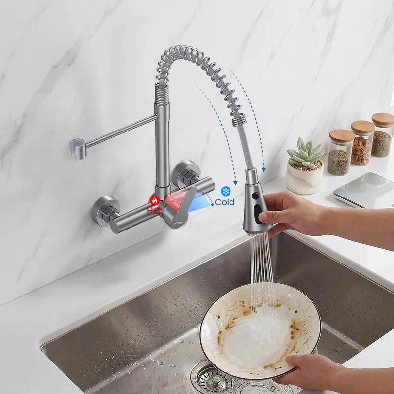 High End Wall Mounted Kitchen Faucet Featuring Three Flexible Spray Settings Stream Sprayer And Sweep For Heavy Duty Commercial Utility Sink Installations That Deliver Foolproof Usage And Tough As Nails Reliability For Real World Job Sites