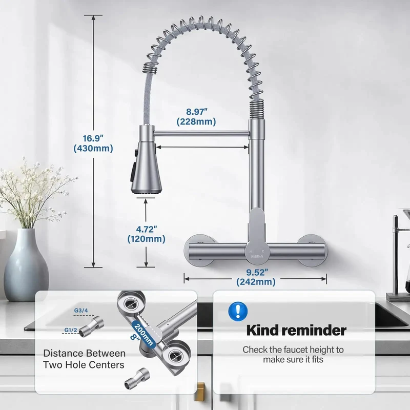 High End Wall Mounted Kitchen Faucet Featuring Three Flexible Spray Settings Stream Sprayer And Sweep For Heavy Duty Commercial Utility Sink Installations That Deliver Foolproof Usage And Tough As Nails Reliability For Real World Job Sites