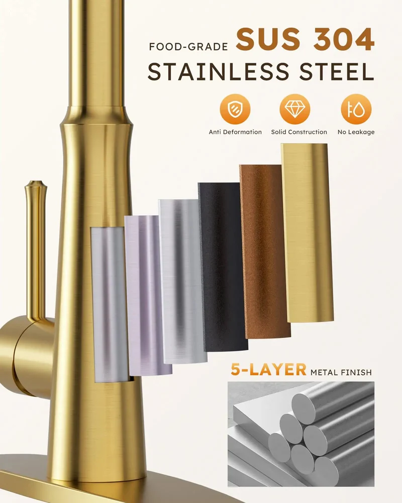 Heavy Duty Stainless Steel Kitchen Faucet With Smooth Pull Down Sprayer And Top Tier High Arc Handle Featuring Triple Spray Settings And Solid Deck Plate For Zero Stress Sink Maintenance