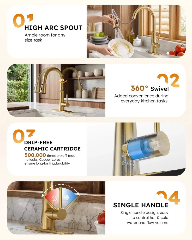 Heavy Duty Stainless Steel Kitchen Faucet With Smooth Pull Down Sprayer And Top Tier High Arc Handle Featuring Triple Spray Settings And Solid Deck Plate For Zero Stress Sink Maintenance