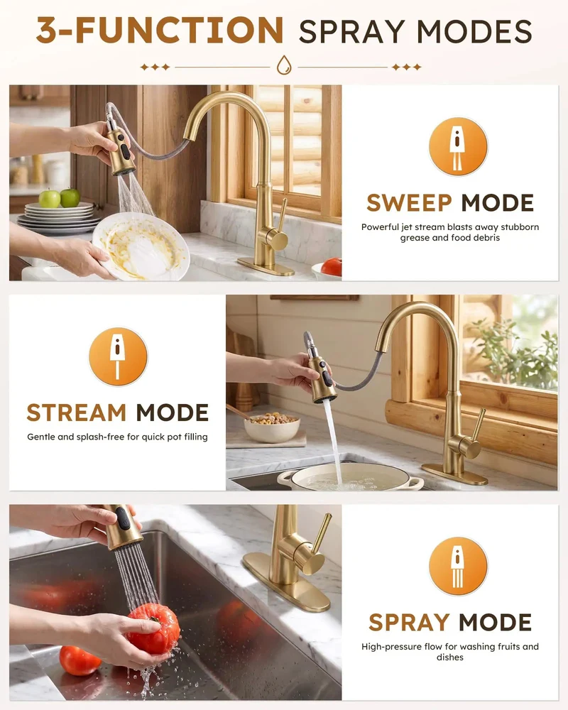 Heavy Duty Stainless Steel Kitchen Faucet With Smooth Pull Down Sprayer And Top Tier High Arc Handle Featuring Triple Spray Settings And Solid Deck Plate For Zero Stress Sink Maintenance