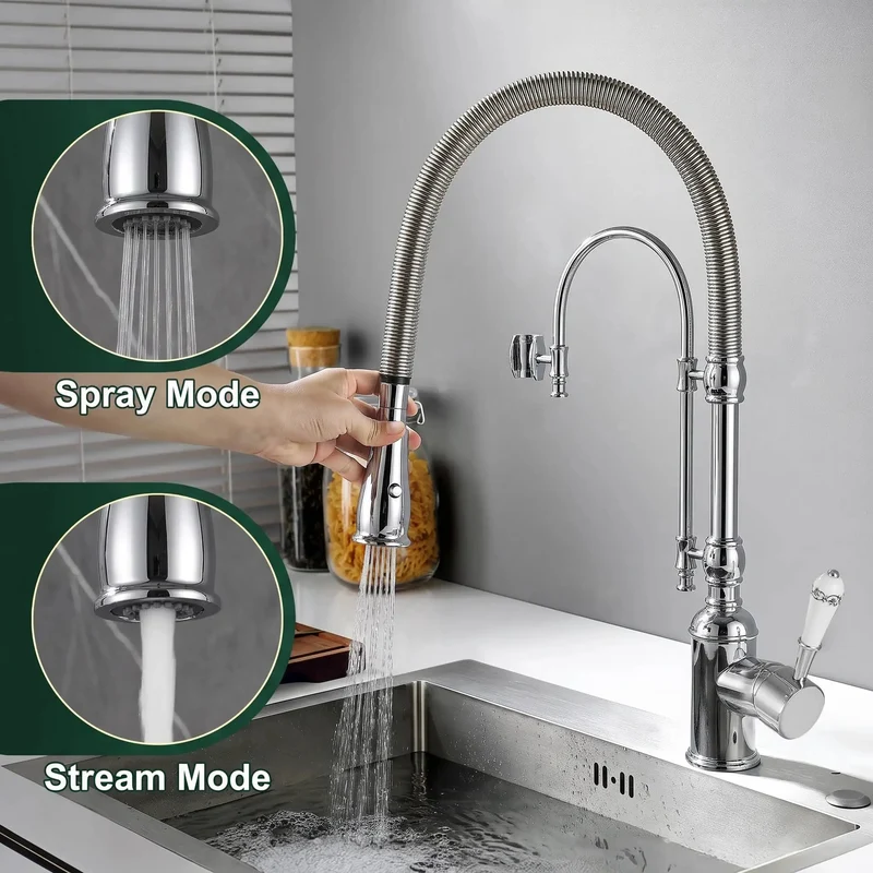 Heavy Duty High Arc Pull Down Kitchen Faucet Swiveling Dual Hand Spray Head Solid Brass Chrome Sink Tap Built Tough Durable Water Saving Straight Up Kitchen Upgrade