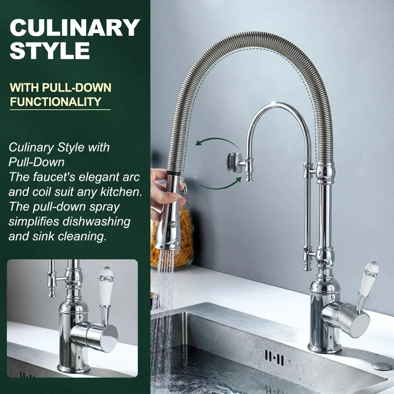 Heavy Duty High Arc Pull Down Kitchen Faucet Swiveling Dual Hand Spray Head Solid Brass Chrome Sink Tap Built Tough Durable Water Saving Straight Up Kitchen Upgrade