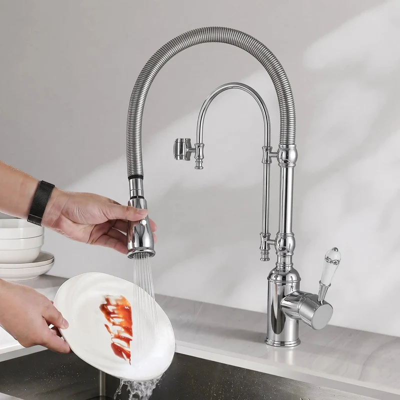 Heavy Duty High Arc Pull Down Kitchen Faucet Swiveling Dual Hand Spray Head Solid Brass Chrome Sink Tap Built Tough Durable Water Saving Straight Up Kitchen Upgrade