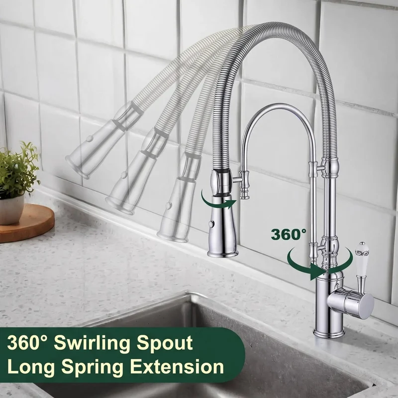 Heavy Duty High Arc Pull Down Kitchen Faucet Swiveling Dual Hand Spray Head Solid Brass Chrome Sink Tap Built Tough Durable Water Saving Straight Up Kitchen Upgrade