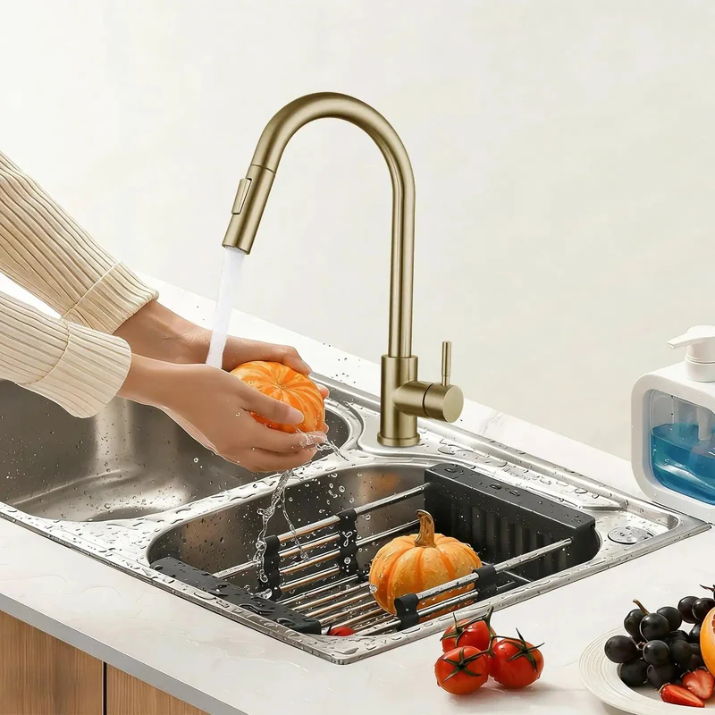 Zero Hassle Dual Spray Kitchen Faucet Featuring A Slick 360 Degree Swivel Spout And Easy Toggle Lever For Chores Lite Cleanup Crafted From Beefy 304 Stainless Steel With Sharp Gold Caps For Any Quick Kitchen Refresh Or Serious Home Upgrade