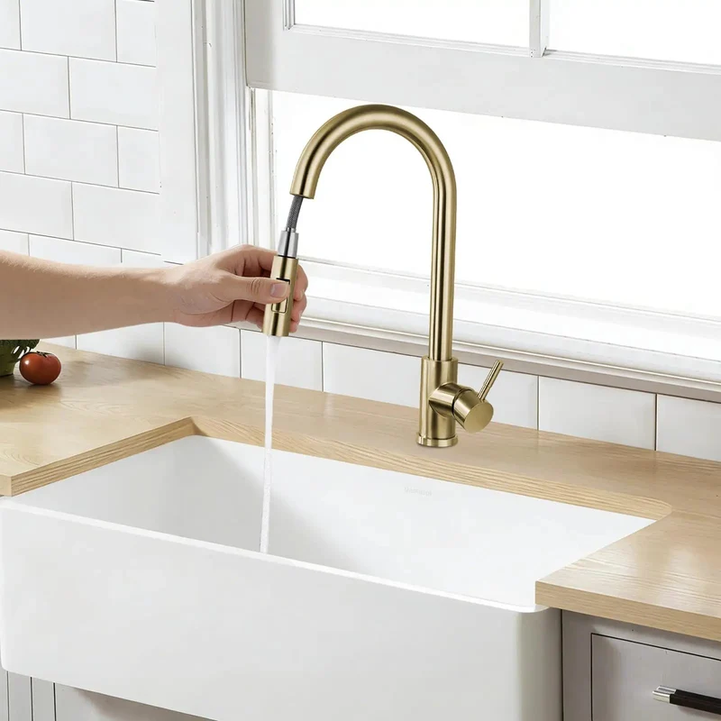 Zero Hassle Dual Spray Kitchen Faucet Featuring A Slick 360 Degree Swivel Spout And Easy Toggle Lever For Chores Lite Cleanup Crafted From Beefy 304 Stainless Steel With Sharp Gold Caps For Any Quick Kitchen Refresh Or Serious Home Upgrade
