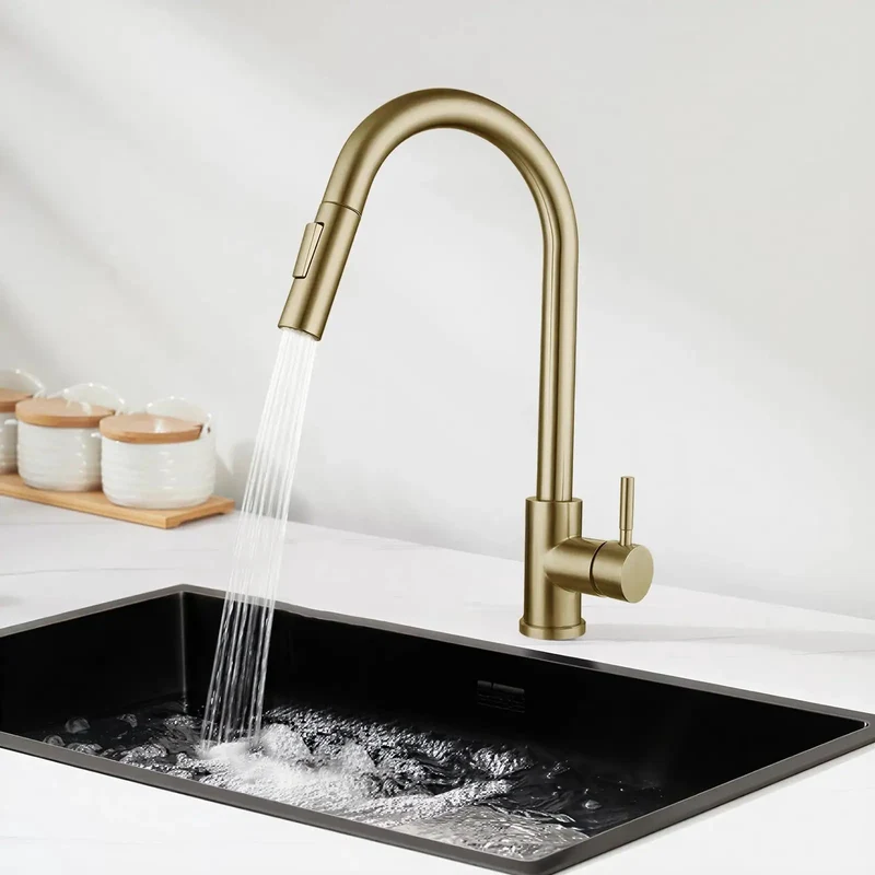 Zero Hassle Dual Spray Kitchen Faucet Featuring A Slick 360 Degree Swivel Spout And Easy Toggle Lever For Chores Lite Cleanup Crafted From Beefy 304 Stainless Steel With Sharp Gold Caps For Any Quick Kitchen Refresh Or Serious Home Upgrade