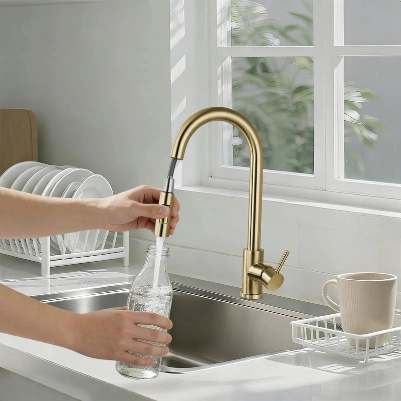 Zero Hassle Dual Spray Kitchen Faucet Featuring A Slick 360 Degree Swivel Spout And Easy Toggle Lever For Chores Lite Cleanup Crafted From Beefy 304 Stainless Steel With Sharp Gold Caps For Any Quick Kitchen Refresh Or Serious Home Upgrade