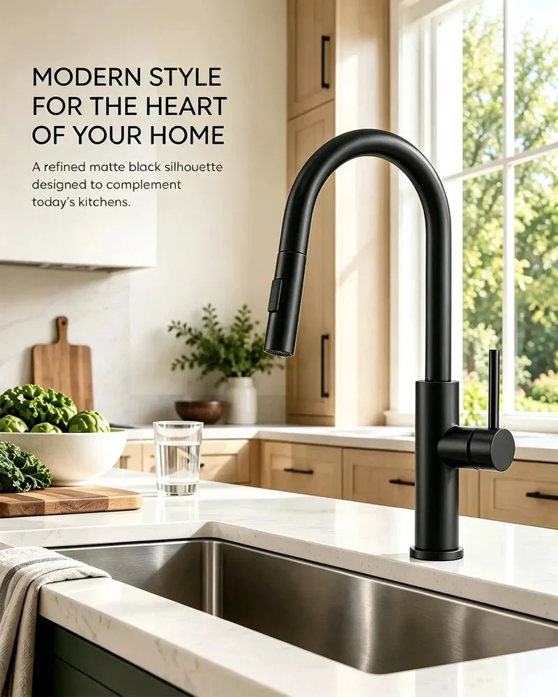 Sleek Black High Arc Kitchen Faucet Featuring A Hella Smooth Pull Down Sprayer, Single Handle Control, No Fuss Deck Mount Setup, Heavy Duty Reliability, And Quick Clean Up For Modern Kitchens