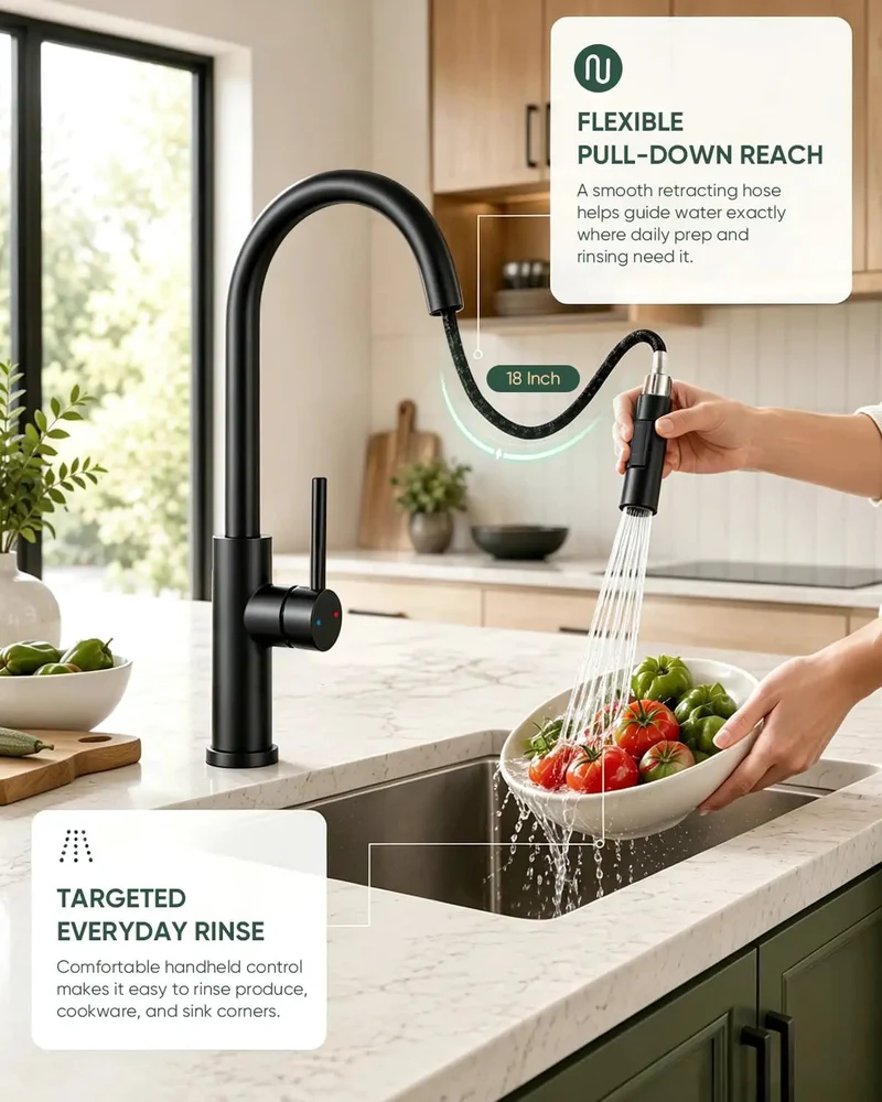 Sleek Black High Arc Kitchen Faucet Featuring A Hella Smooth Pull Down Sprayer, Single Handle Control, No Fuss Deck Mount Setup, Heavy Duty Reliability, And Quick Clean Up For Modern Kitchens