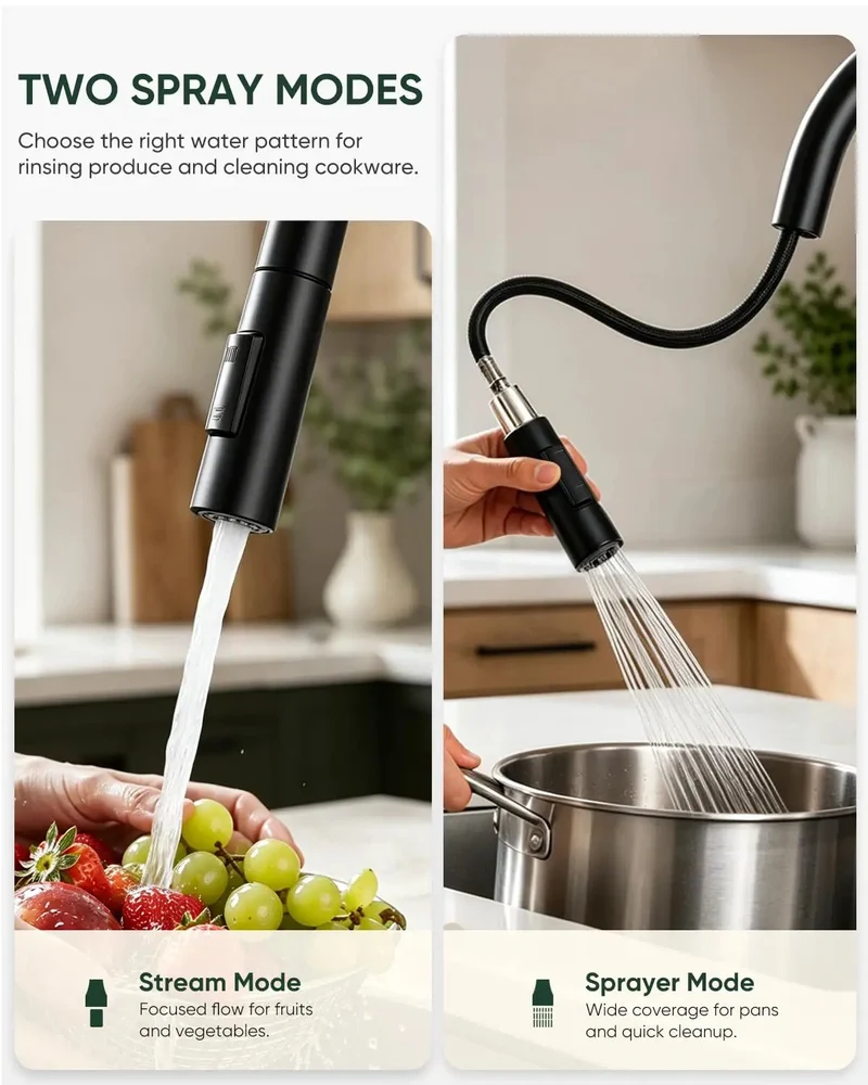 Sleek Black High Arc Kitchen Faucet Featuring A Hella Smooth Pull Down Sprayer, Single Handle Control, No Fuss Deck Mount Setup, Heavy Duty Reliability, And Quick Clean Up For Modern Kitchens