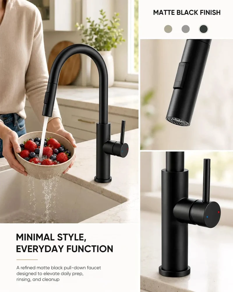 Sleek Black High Arc Kitchen Faucet Featuring A Hella Smooth Pull Down Sprayer, Single Handle Control, No Fuss Deck Mount Setup, Heavy Duty Reliability, And Quick Clean Up For Modern Kitchens