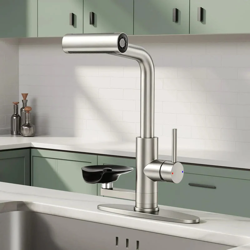Killer Waterfall Kitchen Faucet With Brushed Nickel Glass Rinser And Flexible Spray Head For Modern Sinks And Countertops Streamlined Single Handle Design Heavy Duty Ceramic Cartridge For Daily Grind