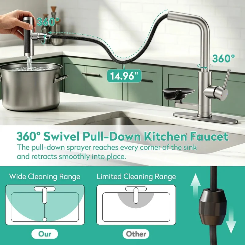 Killer Waterfall Kitchen Faucet With Brushed Nickel Glass Rinser And Flexible Spray Head For Modern Sinks And Countertops Streamlined Single Handle Design Heavy Duty Ceramic Cartridge For Daily Grind
