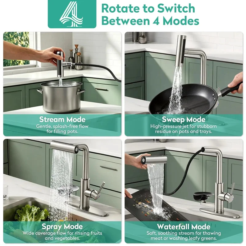 Killer Waterfall Kitchen Faucet With Brushed Nickel Glass Rinser And Flexible Spray Head For Modern Sinks And Countertops Streamlined Single Handle Design Heavy Duty Ceramic Cartridge For Daily Grind