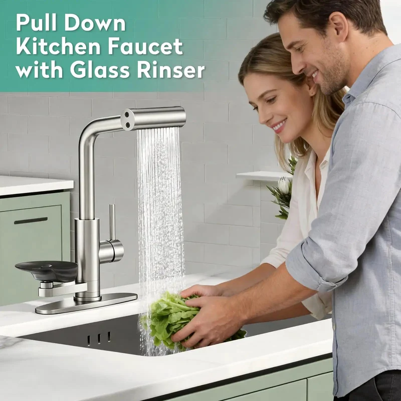 Killer Waterfall Kitchen Faucet With Brushed Nickel Glass Rinser And Flexible Spray Head For Modern Sinks And Countertops Streamlined Single Handle Design Heavy Duty Ceramic Cartridge For Daily Grind