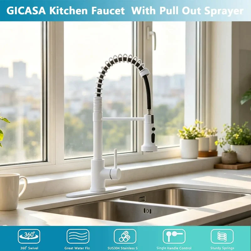 Top Shelf Kitchen Faucet High Arc Pull Down Sprayer Hella Durable White Finish Smooth Operator Single Handle Swivels For One Or Three Hole Setup Easy Peasy Install For Farmhouse Decks