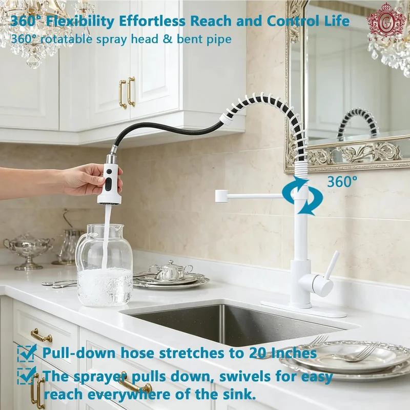 Top Shelf Kitchen Faucet High Arc Pull Down Sprayer Hella Durable White Finish Smooth Operator Single Handle Swivels For One Or Three Hole Setup Easy Peasy Install For Farmhouse Decks