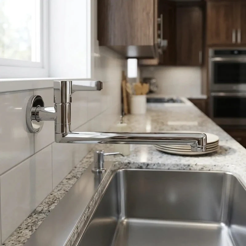 Heavy Duty Wall Mounted Kitchen Faucet Featuring A Long Rotating Spout Built Tough For Cold Water Utility And Mop Sink Cleanup Done Right In Sharp 304 Stainless Steel